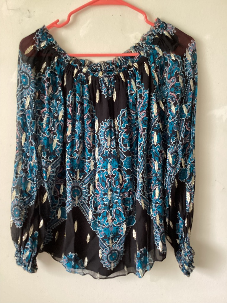 White House Black Market Black Blouse With Teal & Gold Floral Print